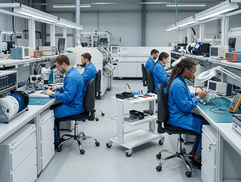 ESD furniture workstations with antistatic chairs used by technicians in an electronics production facility