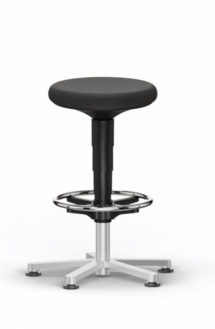 ESD cleanroom stool with glides and foot ring, black synthetic leather