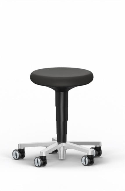 ESD cleanroom stool with castors and foot release, black synthetic leather