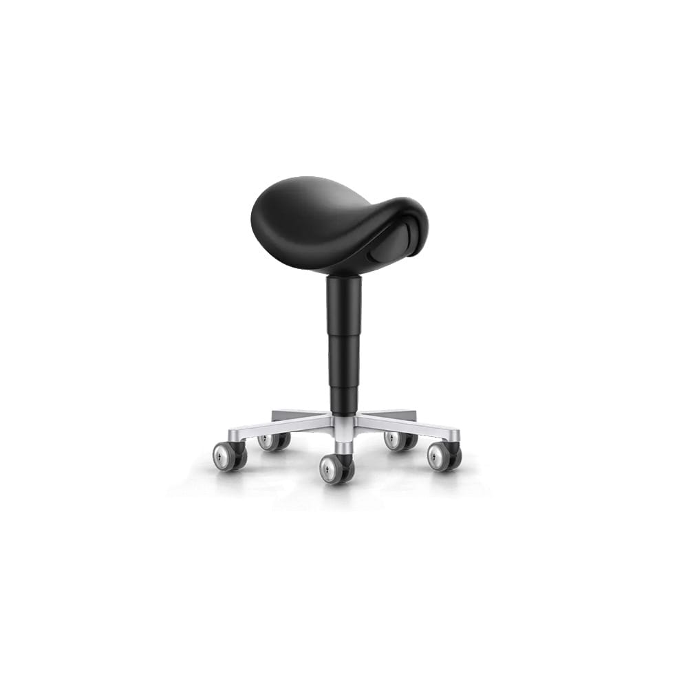 Cleanroom_Saddle_Stool_9473R_Magic_Artificial-Leather_MG01_Black_Castors_Aliuminium-polished-s Cleanroom Saddle Stool Configurable: Seat Height Adjustment - Image 1